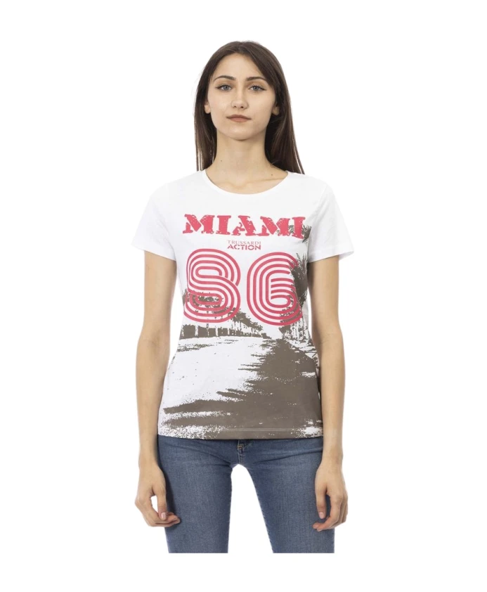 

Белая хлопковая футболка с короткими рукавами и принтом спереди. Trussardi, белый