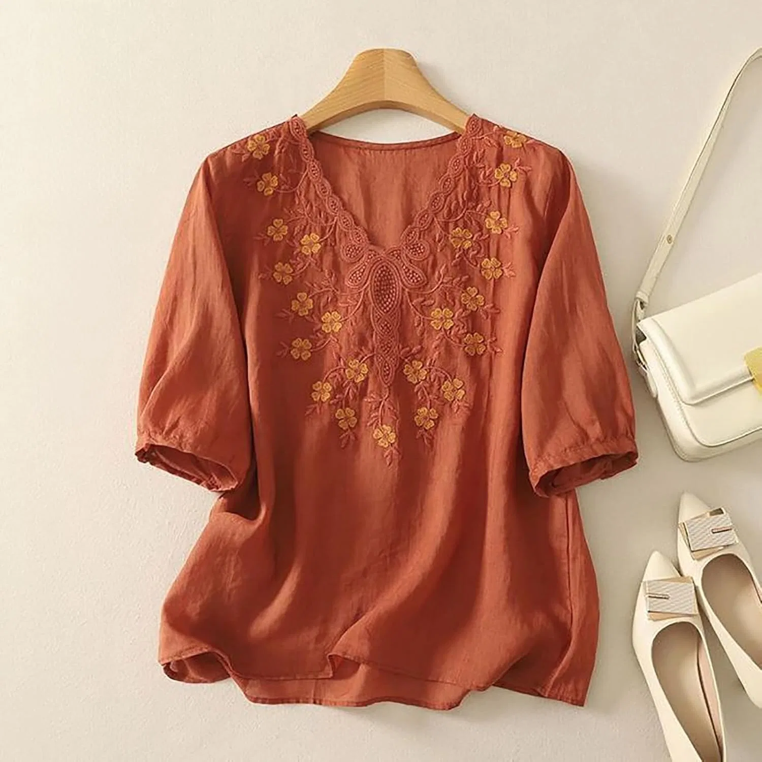 Футболка с длинным рукавом, хлопок и лен, Relaxed Fit, красный — фото 4