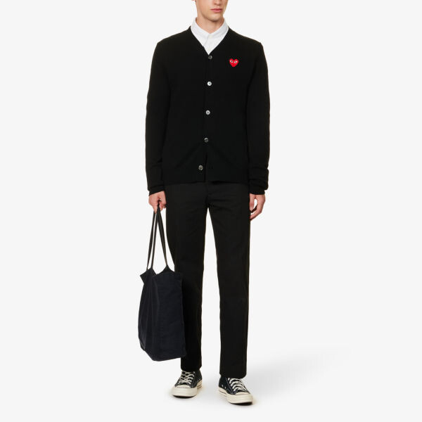 Шерстяной кардиган с V-образным вырезом и вышитым логотипом Comme des Garçons, черный — фото 2