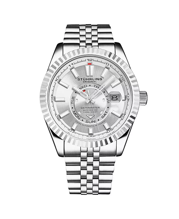

Мужские швейцарские автоматические часы Datemaster II из нержавеющей стали, 42 мм, серебристый циферблат, рифленый безель, день недели и дата, водонепроницаемость 100 м Stuhrling, silver