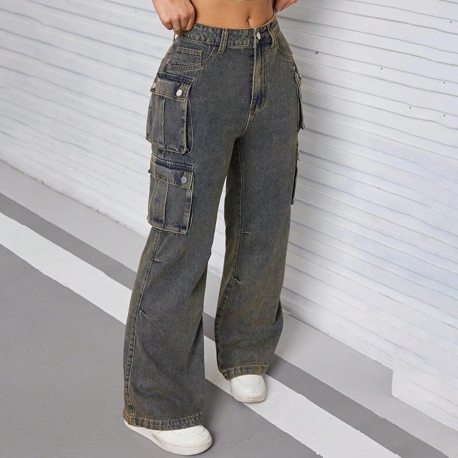 Джинсы карго с множеством карманов, высокие, мешковатые, Wide Leg, серый — фото 3
