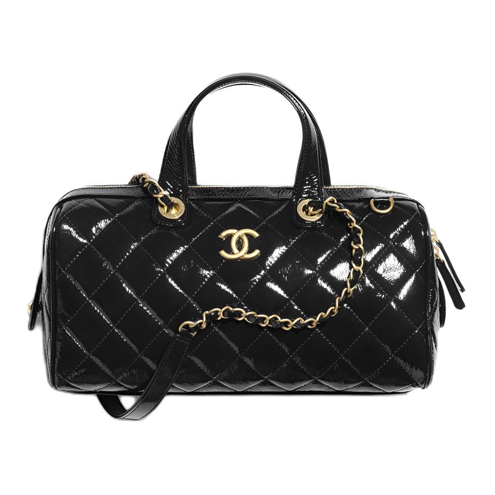 

CHANEL Лакированная плиссированная кожа теленка и золотой металл женская сумка через плечо большая black
