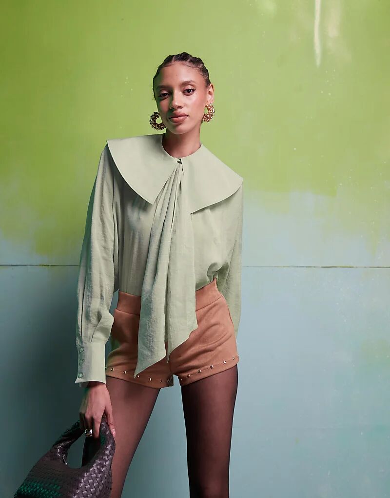 

Блузка с широким воротником и завязкой на шее, цвет шалфея зеленый ASOS DESIGN