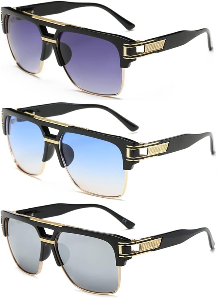 

Квадратные солнцезащитные очки Dollger для мужчин, классические большие солнцезащитные очки в стиле ретро, ​​полуободковая оправа из золотистого сплава, защита от УФ-излучения UV400, A8:3 Pack(blak,blue,silver)