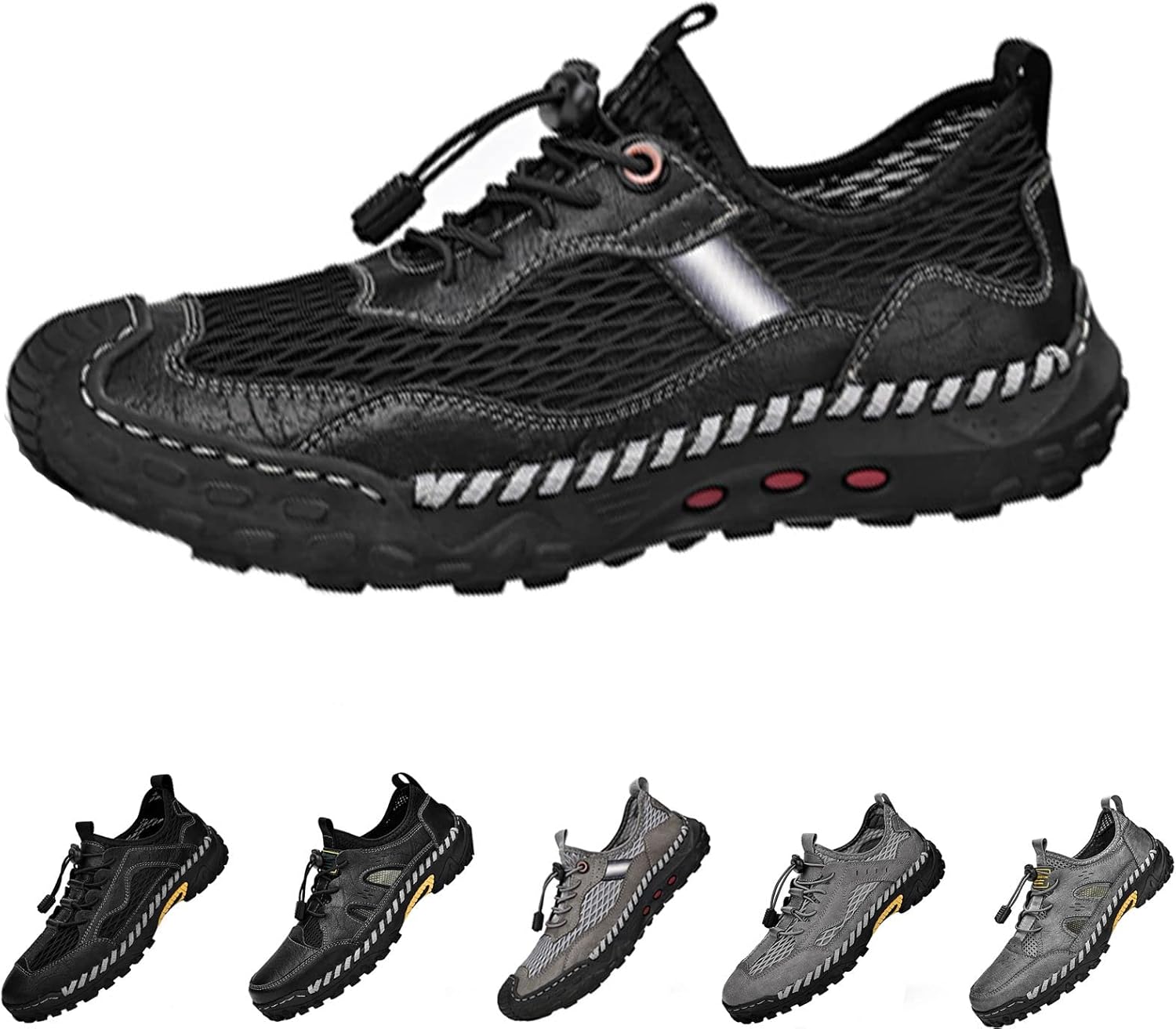 

Мужские сетчатые сандалии с регулируемой шнуровкой, ручная прошивка, дышащая кожа, водонепроницаемые, нескользящие, для прогулок, походов и пляжа Crepuscute, черный