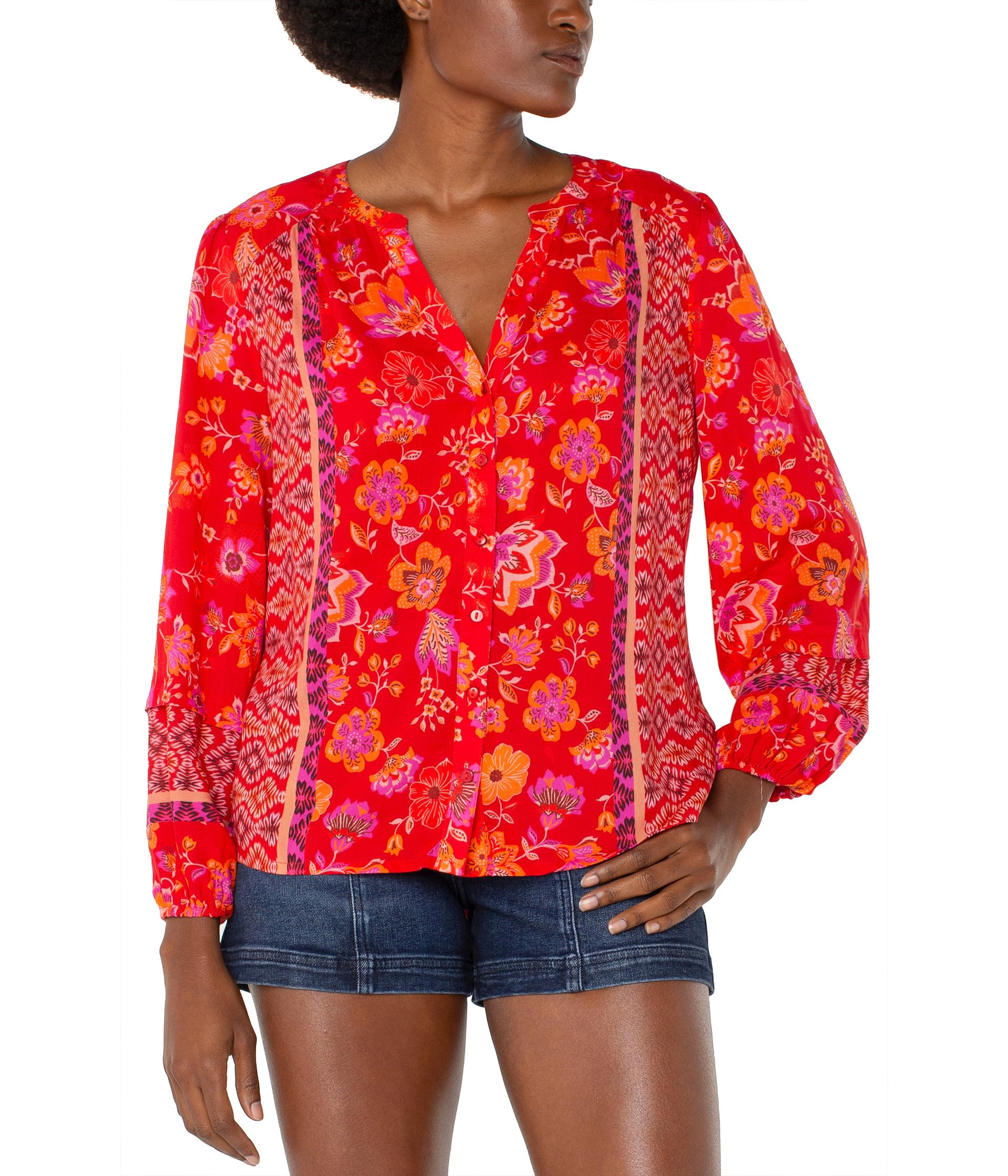 

Блуза Liverpool Los Angeles Petite Long Sleeve Button Front Shirred Woven Blouse, Red Orange Floral