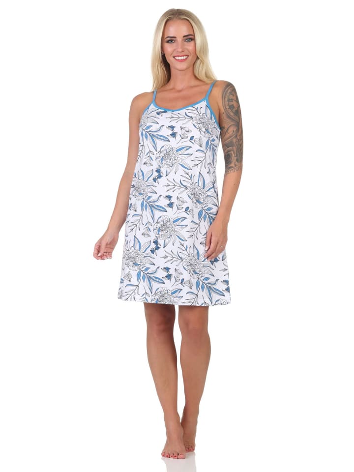 

Ночная рубашка без рукавов на тонких бретельках с цветочным принтом, размеры 125, 215 и 225, синего цвета. NORMANN