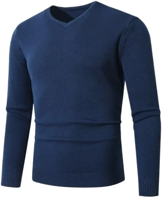 Мужской свитер с V-образным вырезом Slim Fit вязаный пуловер однотонный эластичный повседневный базовый слой Generic, синий