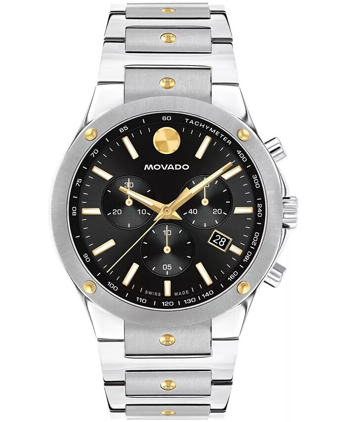 

Мужские часы SE Swiss Quartz Chrono из нержавеющей стали, двухцветные, с желтым PVD-покрытием, 42 мм Movado, черный