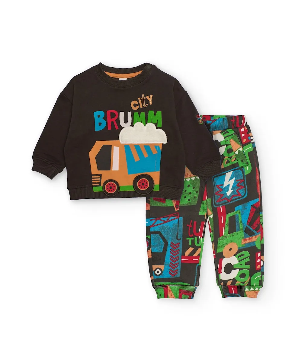 

Детский комплект с коричневой толстовкой и штанами с принтом транспортных средств Tuc tuc