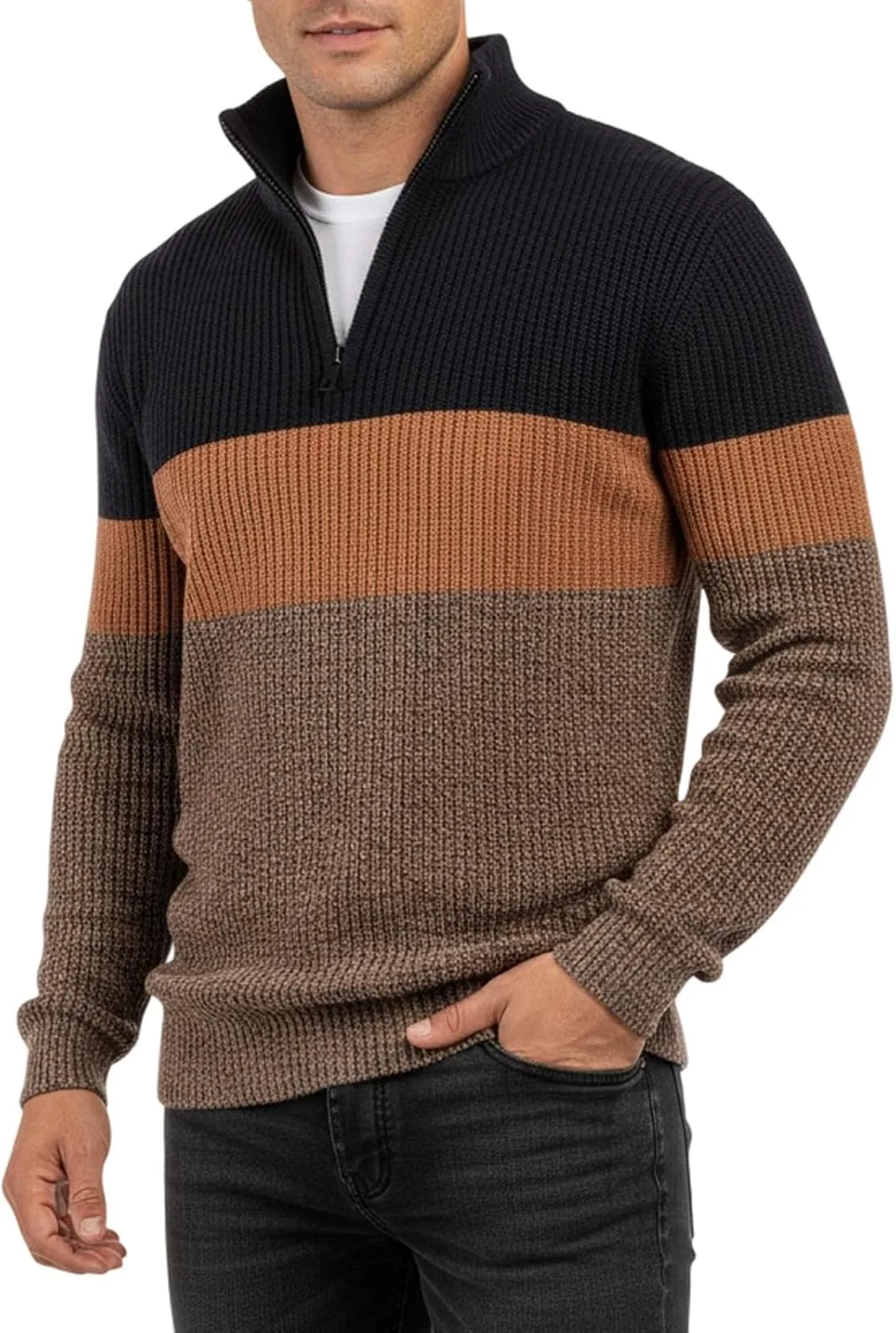 

Мужской свитер с четвертью молнии и воротником-стойкой в цветном блоке | Длинный рукав, вязаный, для путешествий JOWAMY