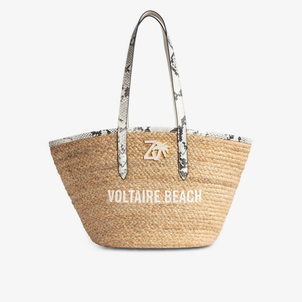 

Джутовая сумка-тоут с вышитым слоганом и кожаной ручкой Zadig&Voltaire, цвет flash