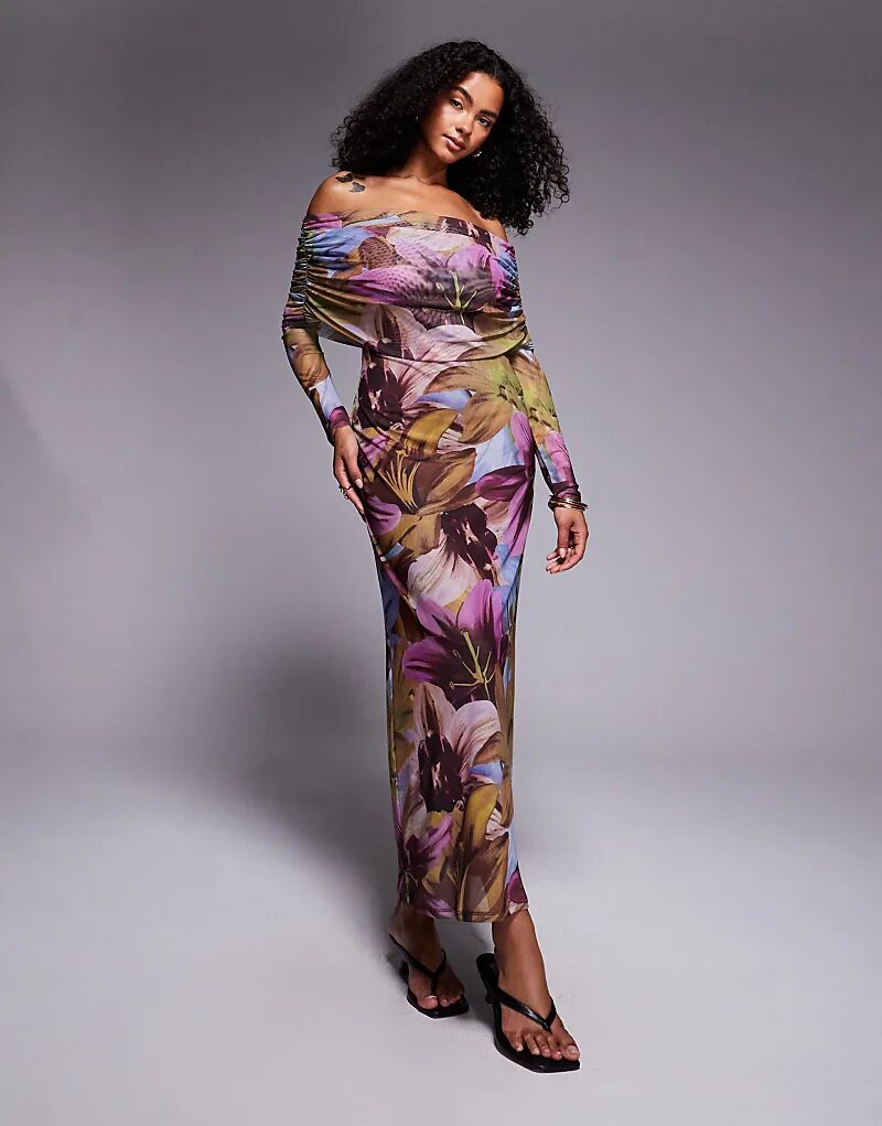 

Платье миди ASOS DESIGN с длинными рукавами и застежкой-бардо с темным цветочным принтом