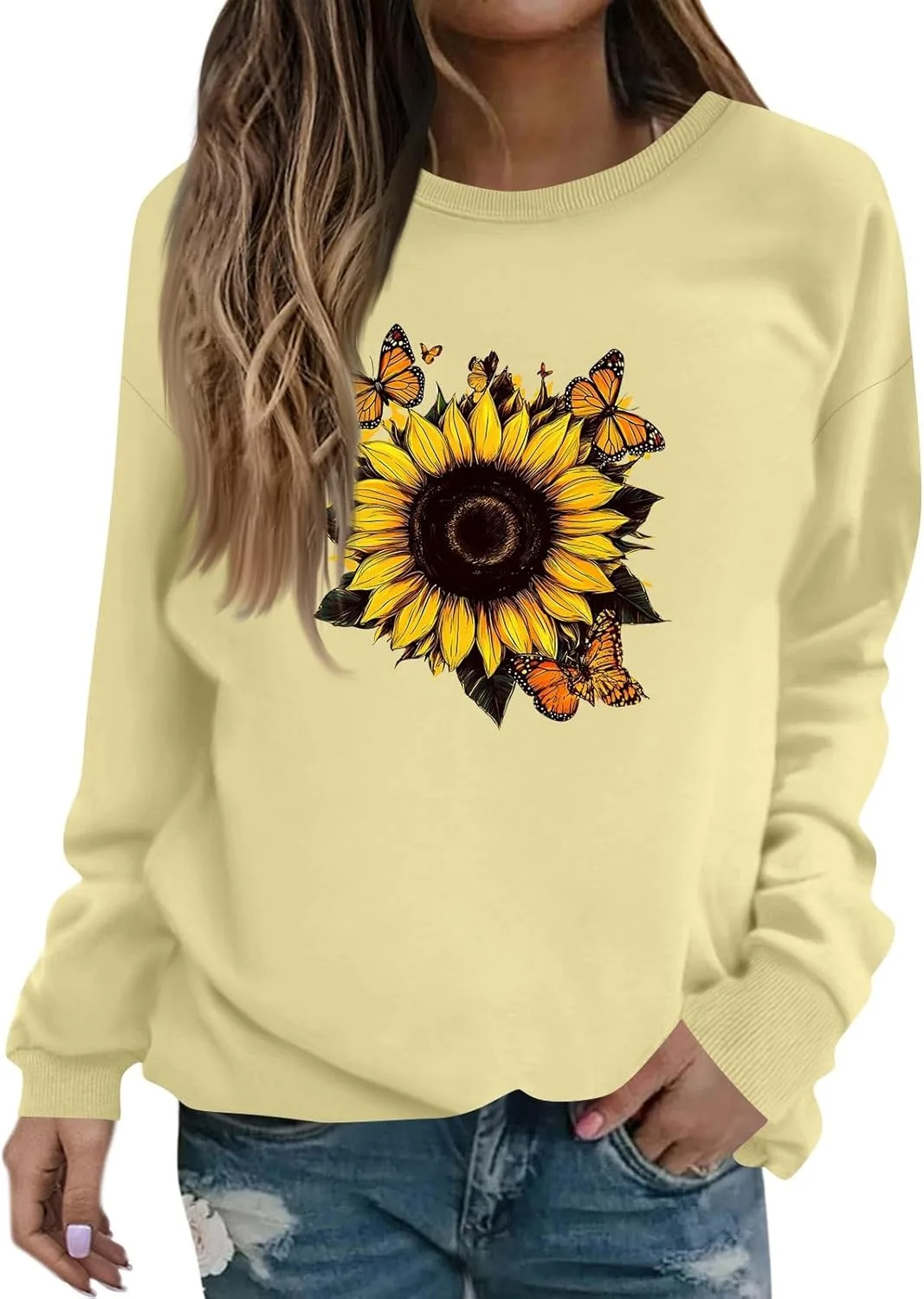 

FQZWONG Womens Long Sleeve Sweatshirts Trendy Sunflower Graphic Hoodie Casual Loose Crewneck Pullover Fall Fashion Tops