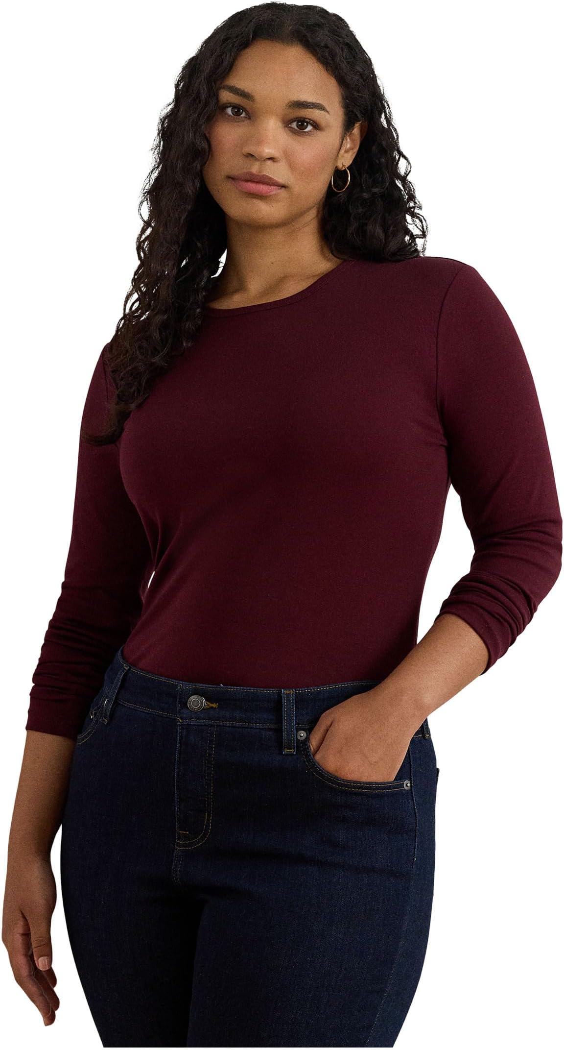 

Футболка Lauren Ralph Lauren Plus Size Stretch Long Sleeve Tee, цвет Dark Garnet