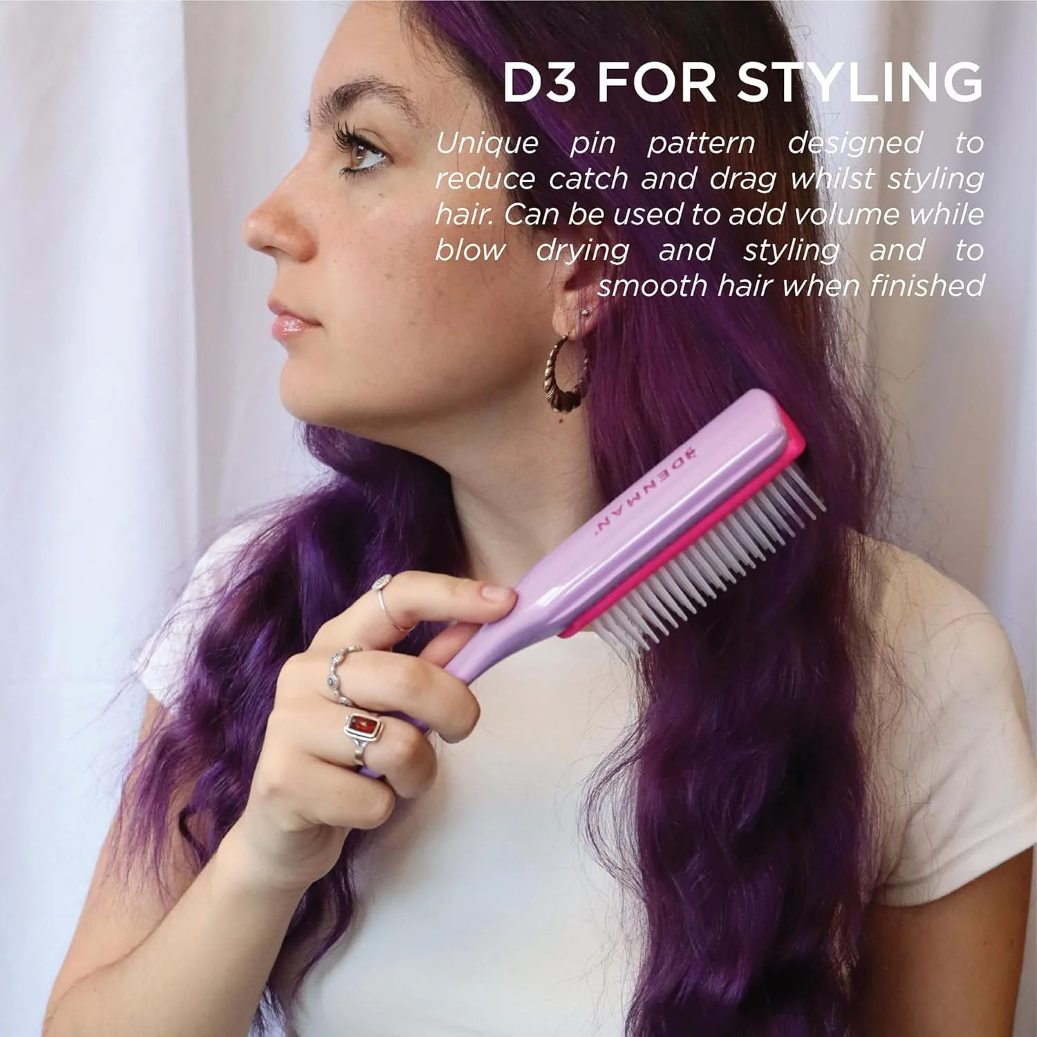 Denman D3 Original Curl Definer & Styler, щетка для вьющихся волос для женщин и мужчин - 7-рядная расческа для распутывания и укладки локонов для гладких и четких завитков, Purple — фото 4