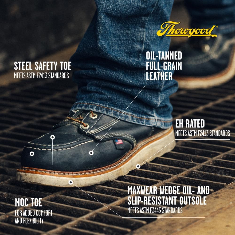 Ботинки Thorogood American Heritage с стальным носком 6 для мужчин - из цельнозернистой кожи с Мок-Тоу, противоскользящей подошвой клиновидной формы и комфортной стелькой; сертифицированы по стандарту EH, черный — фото 4