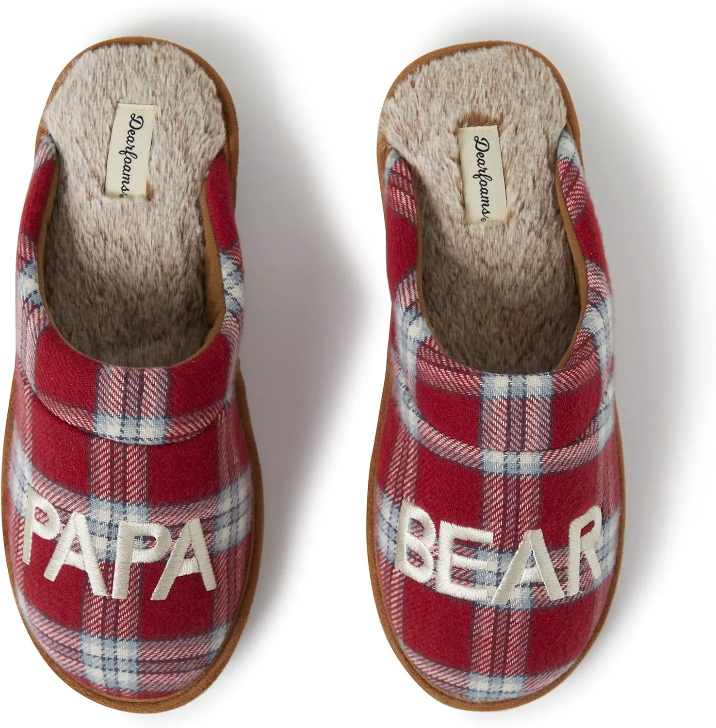 Мужские тапочки Dearfoams Matching Family Holiday Papa Bear с вышивкой, отделка шерпой, модель Moc Toe, красный/синий — фото 2