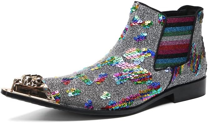 

Мужские ботинки-челси Santimon из натуральной кожи с блестками и пайетками, серебристые радужные вечерние повседневные ботинки с металлическим носком вестерн для вечеринки, свадьбы, выпускного и сцены