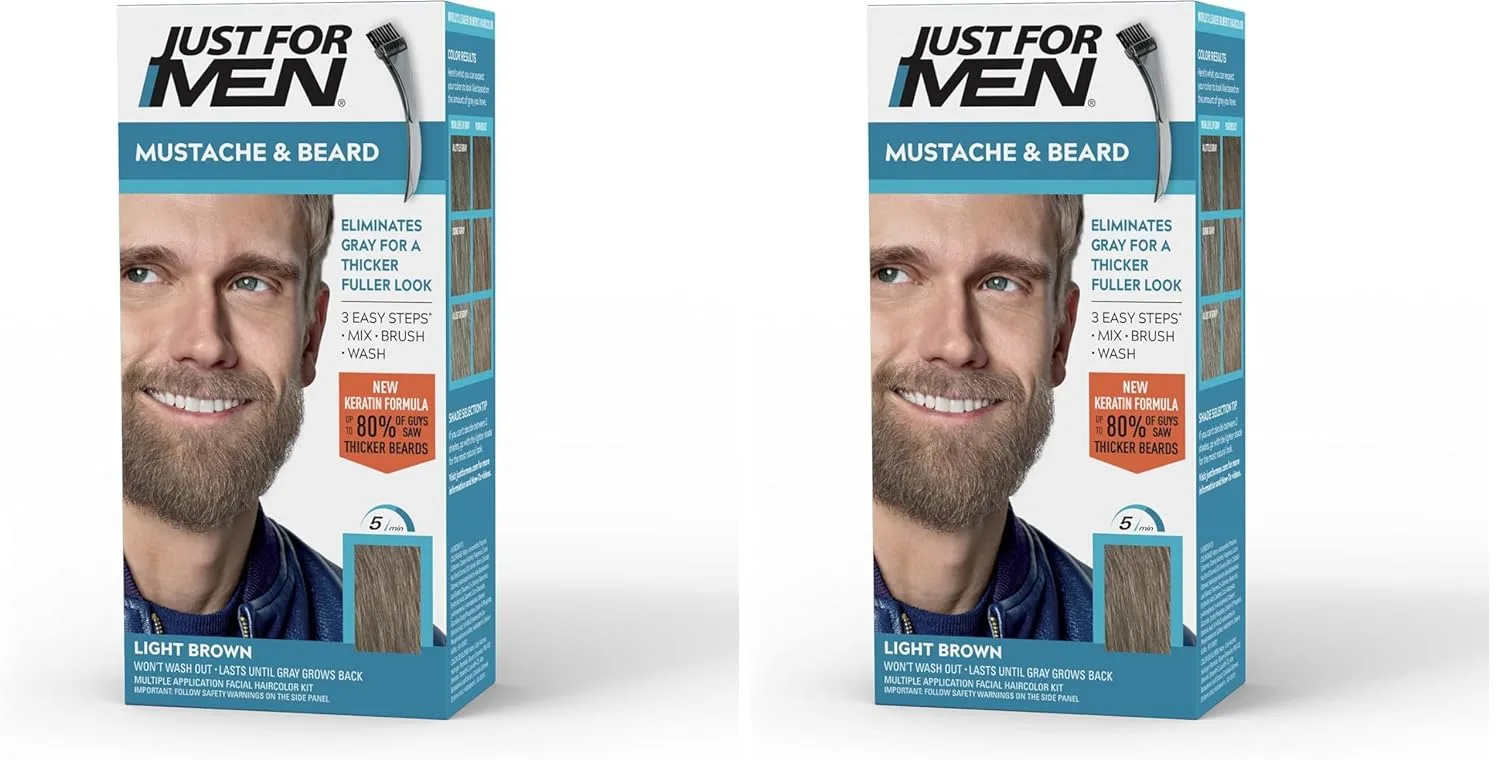 Just For Men Mustache & Beard, краска для бороды и усов с кистью, с кератином, биотином, алоэ и кокосовым маслом для здоровой растительности - Light Brown, M-25, 2 шт 1 шт. (2 шт.), Light Brown M-25