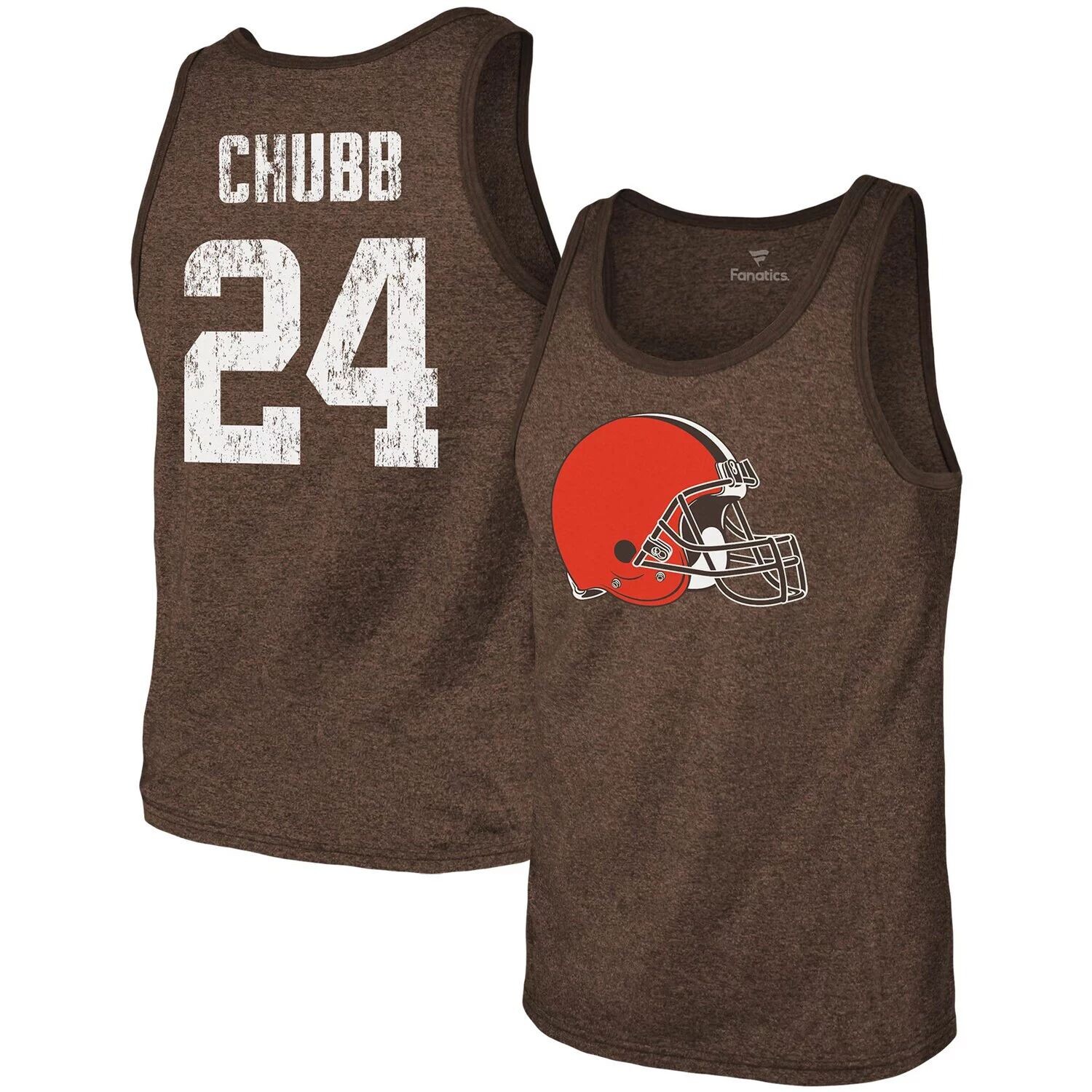 

Мужские нитки Nick Chubb Heathered Brown Cleveland Browns Майка Tri-Blend с названием и номером Majestic