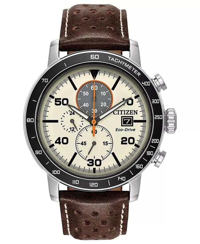 

Мужские часы Eco-Drive с хронографом, коричневый кожаный ремешок, 44 мм Citizen