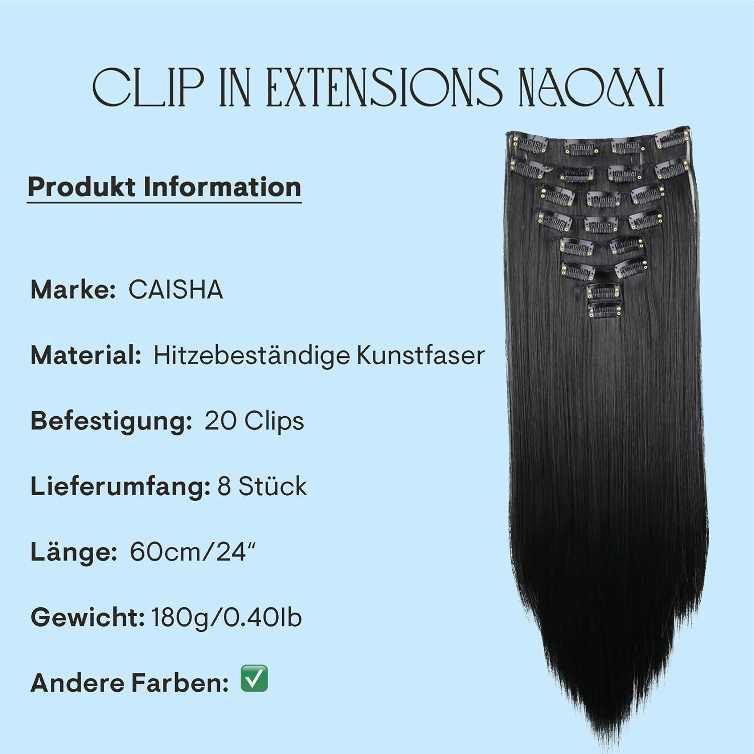 Набор накладных термостойких волос Prettyshop XXL, 60 см, 8 шт. Caisha, Black #1 Ces1 — фото 2