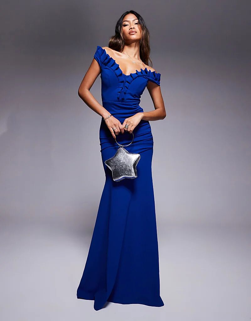 

Платье макси с открытыми плечами и оборками цвета royalblue Goddiva