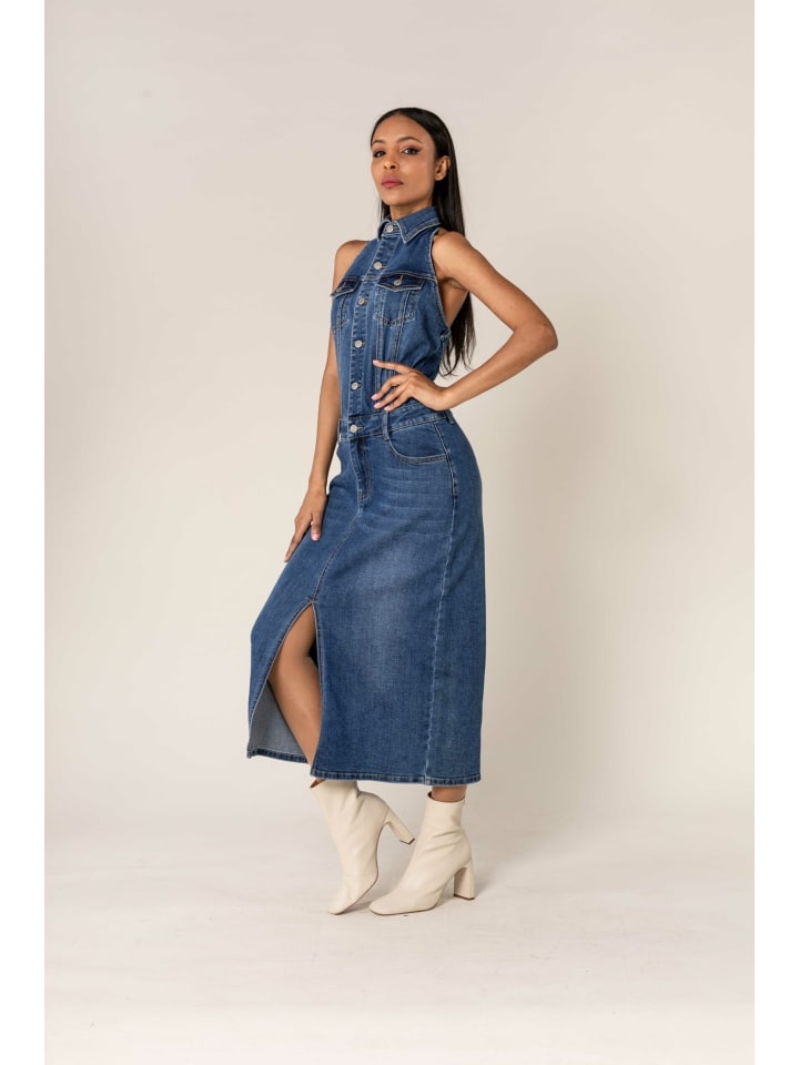 

Длинное платье Nina Carter Eleganter Neckholder Jeans Midi Rock Denim, синий