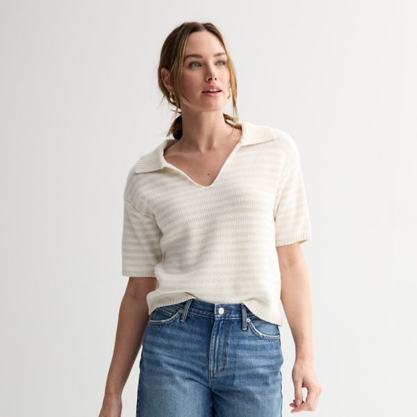 

Короткий вязаный жакет с воротником и короткими рукавами Sonoma Goods For Life, цвет tan small stripe