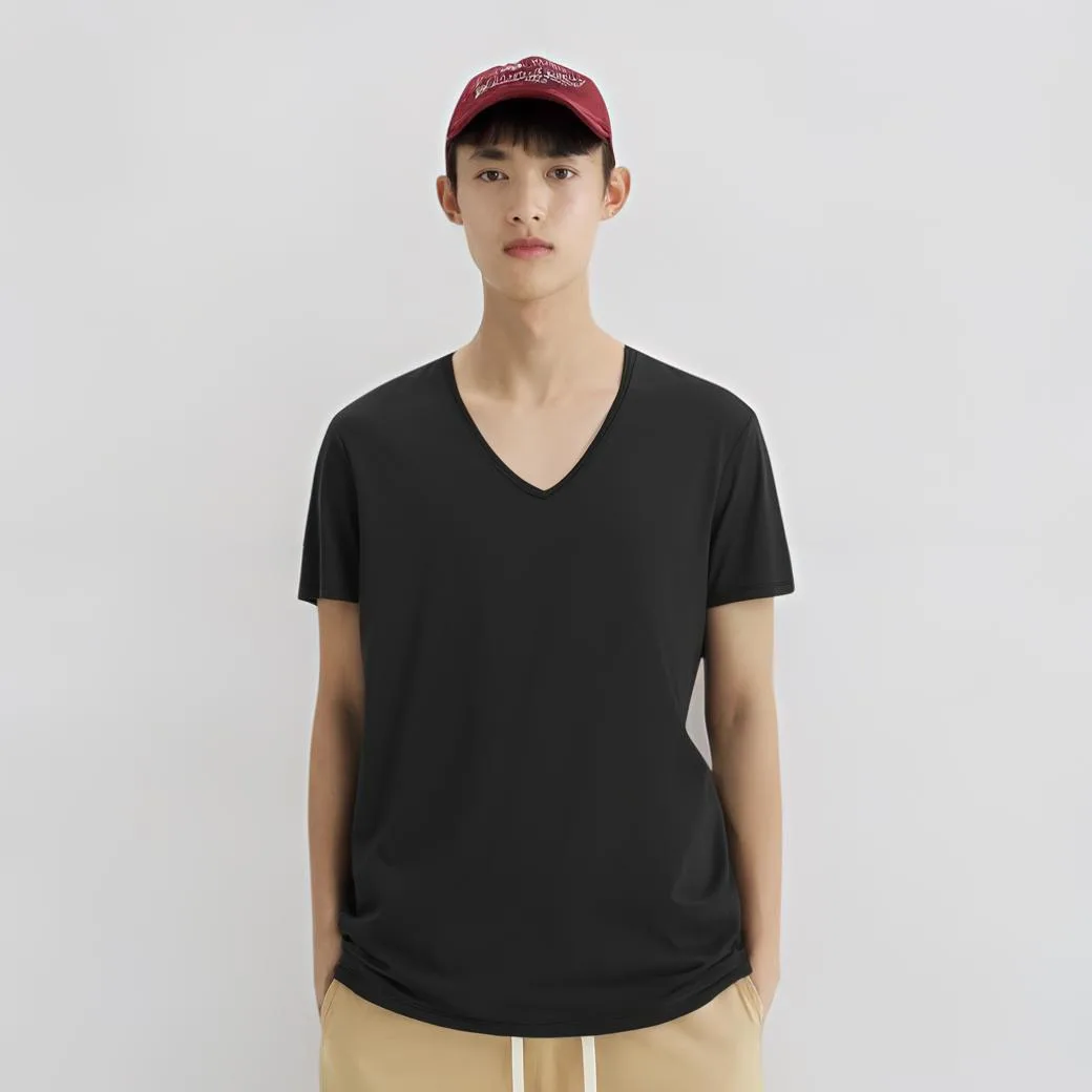 UNIQLO Футболка мужская черная 09 V-образный вырез умеренно прямой крой — фото 3