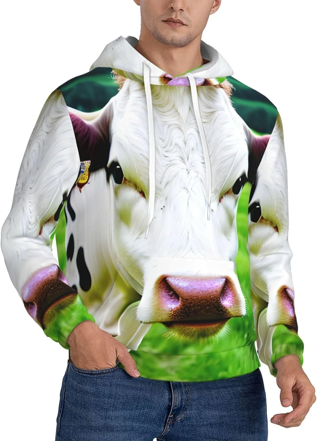 

Мужская флисовая толстовка с капюшоном X-Large, черная, с принтом в виде коровы и карманом SamLng