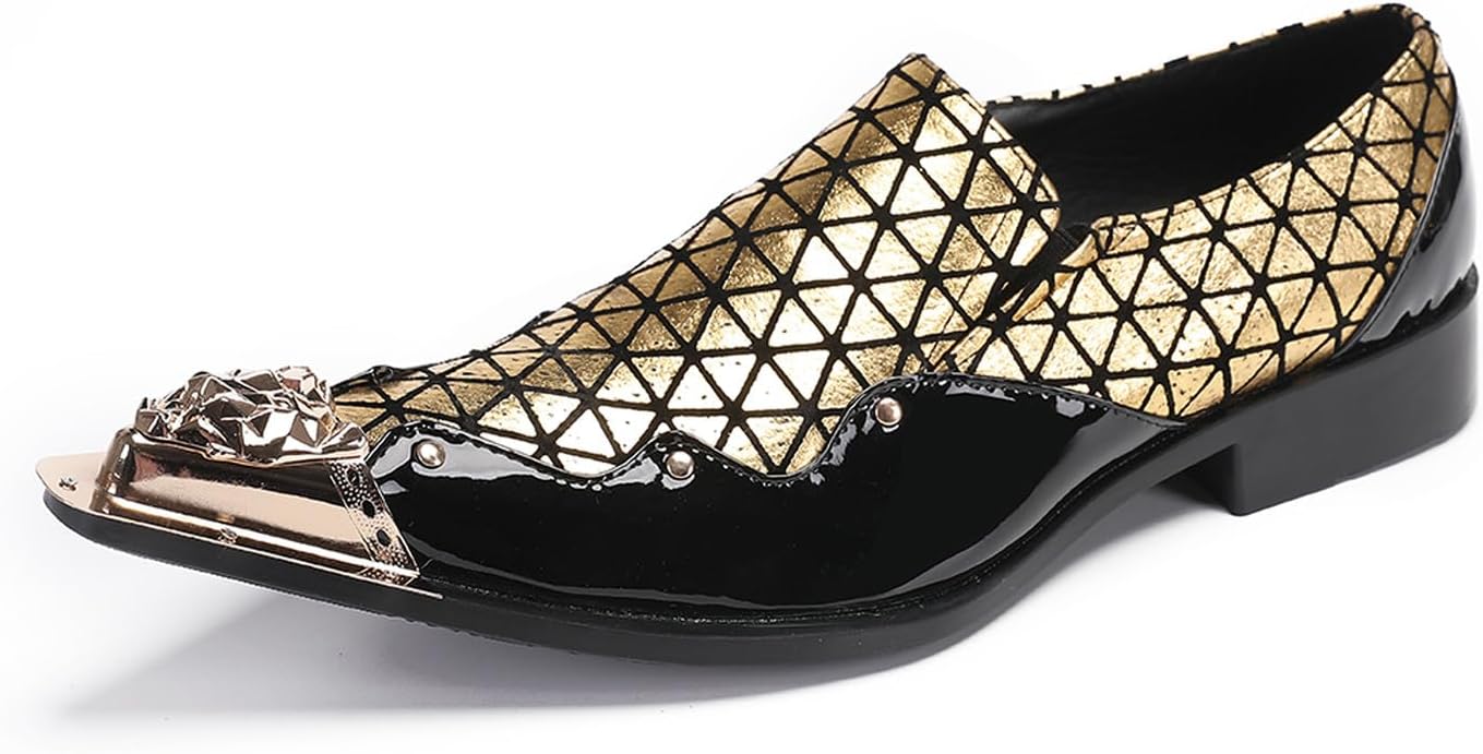 

Мужские лоферы Santimon Mens Loafers для вечеринки - элегантные слипоны диско обувь - свадебные повседневные двухцветные кожаные лоферы-пенни - туфли смокинг с пледовой отделкой и металлическим носком для мужчин и мальчиков, золотой