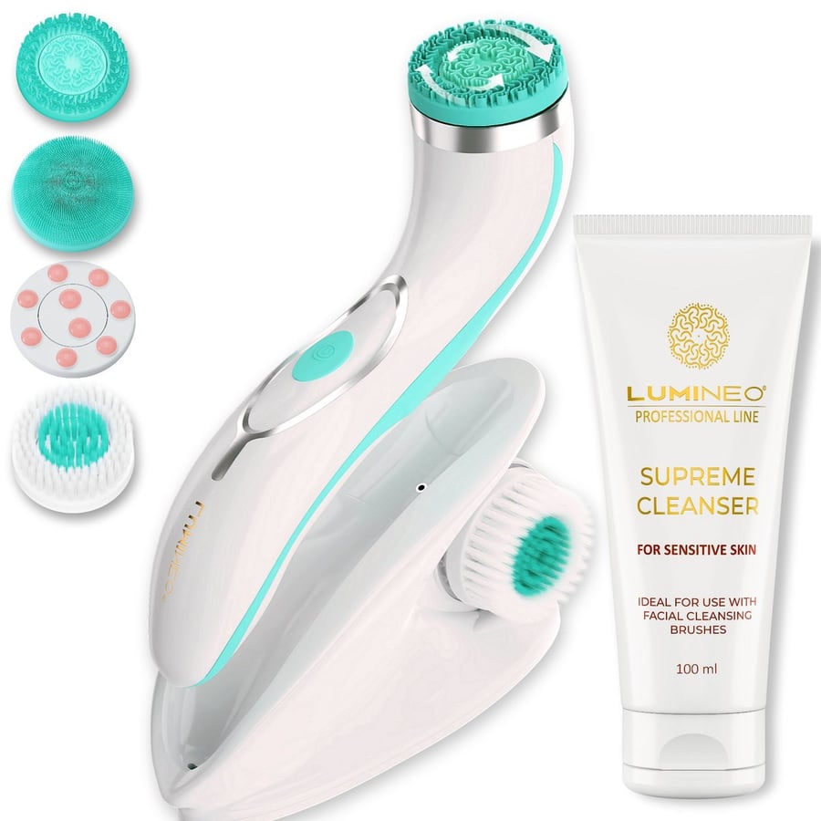 

Lumineo, щетка pro, 4 насадки + гель для чувствительной кожи, бирюзовый