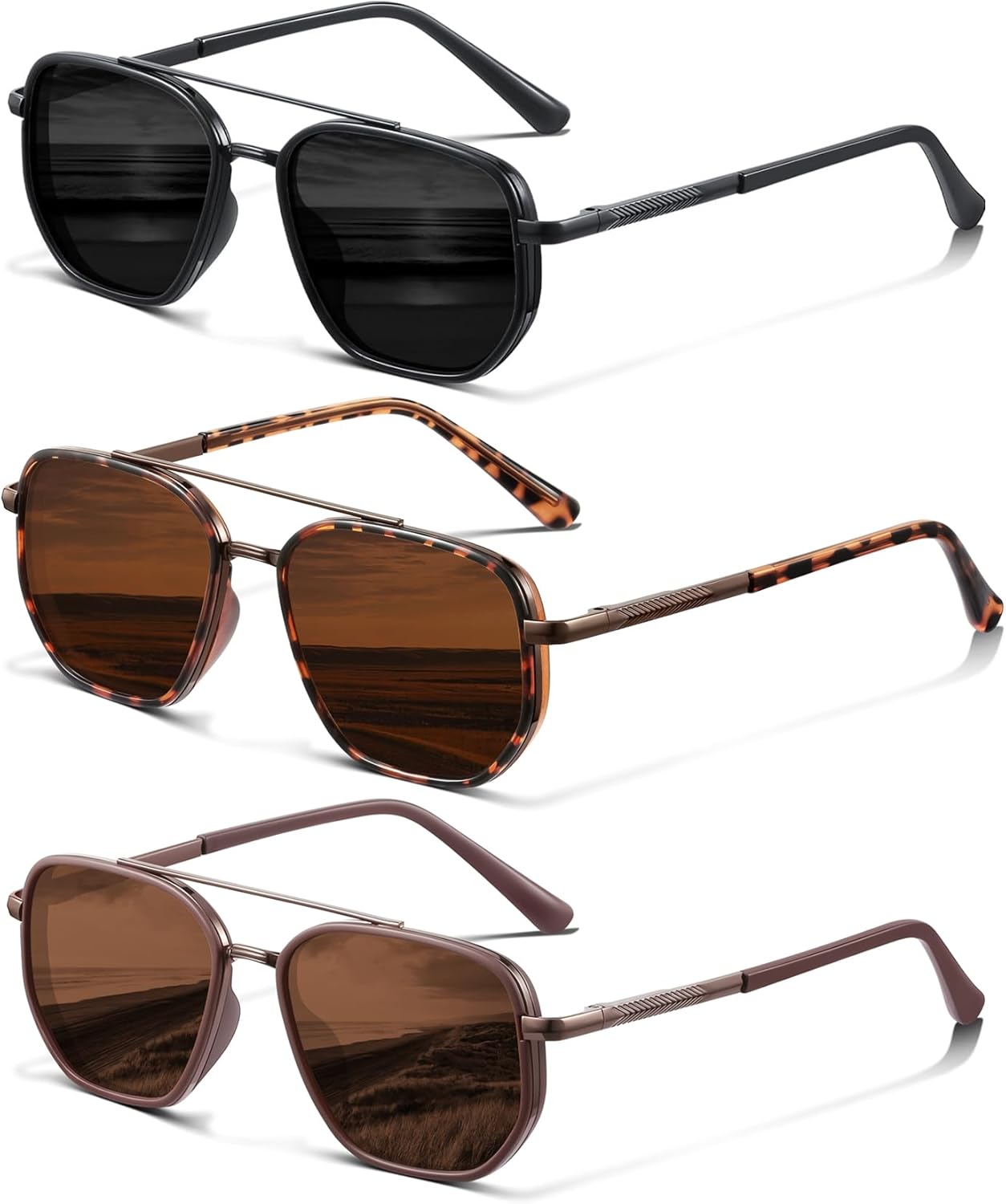 

Солнцезащитные очки-авиаторы для женщин, поляризованные, не спутываются, подходят для вождения и путешествий, защита от УФ-излучения UV400 FURISHQI, 3pcs-tr6002black+brown+leopard