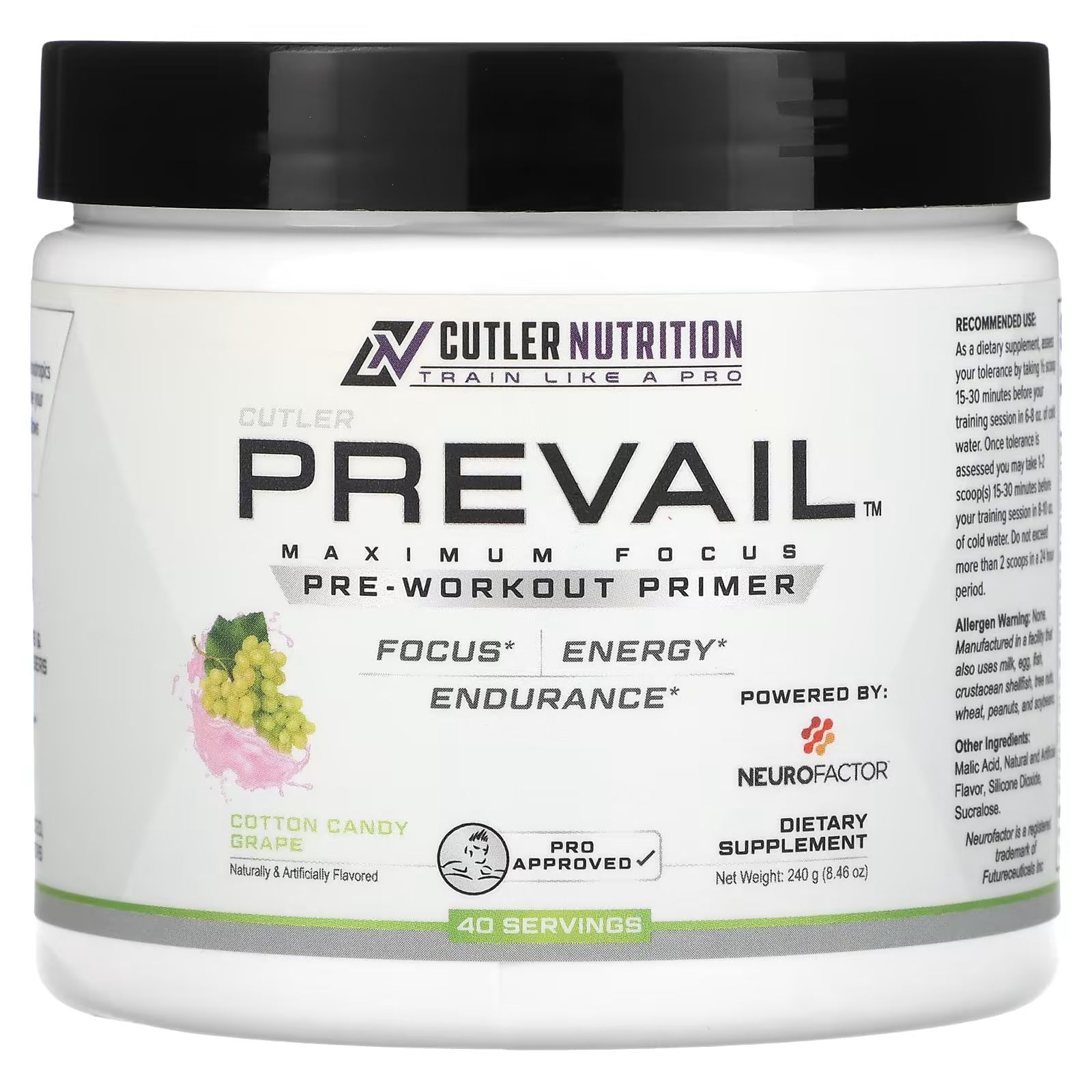 

Prevail, Предтренировочный праймер, сладкая вата и виноград, 8,46 унции (240 г) Cutler Nutrition