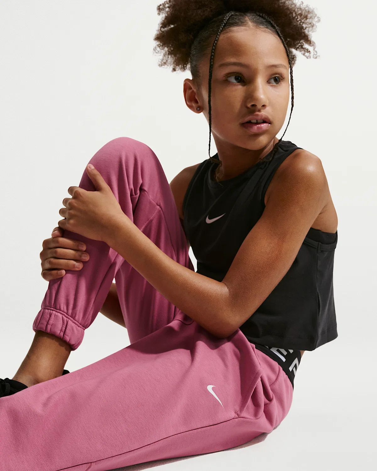 Детские (девчачьи) джоггеры Nike Pro Fleece Dri-FIT, Peony/Peony/Black/White — фото 4