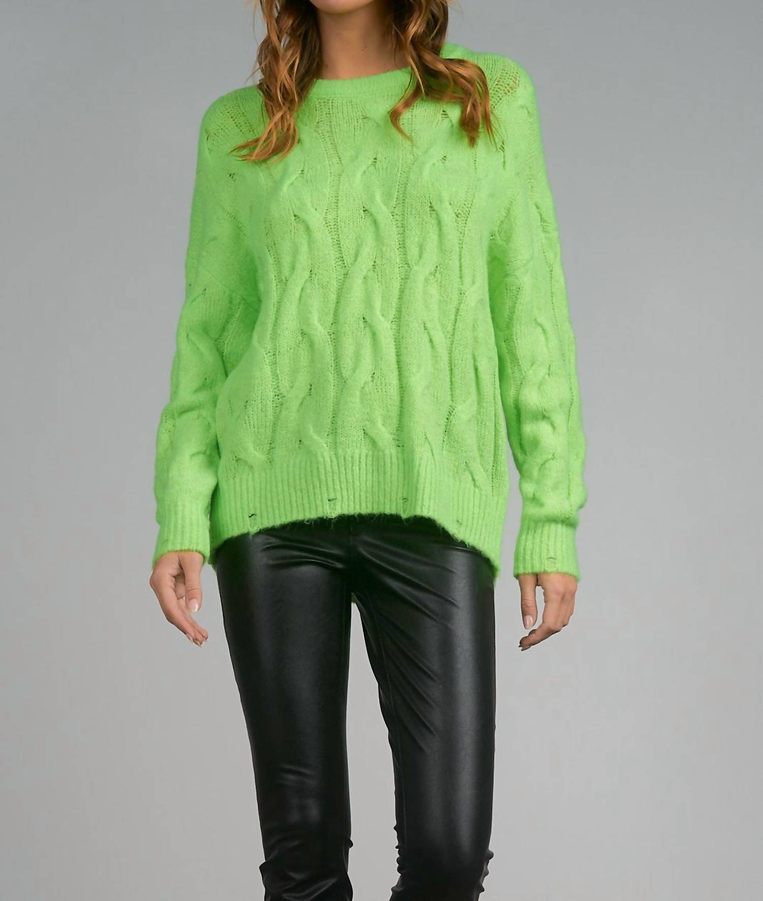 

Свитер с круглым вырезом и косами цвета лайм ELAN, цвет lime