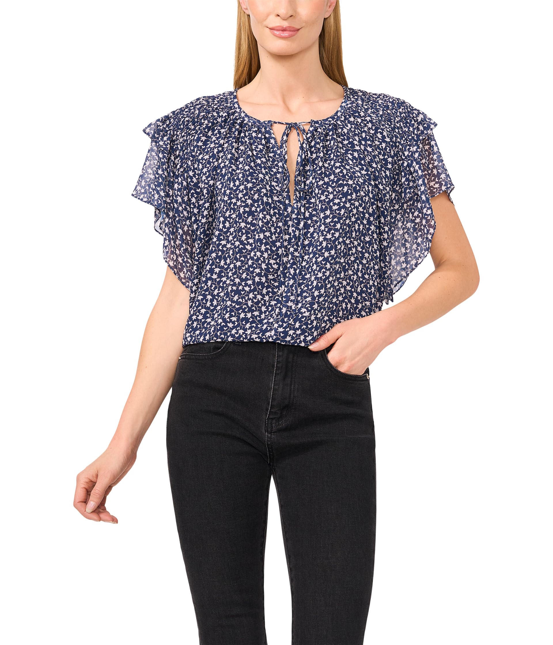 

Топ CeCe Printed Tie Neck Double Ruffled Sleeve Top, Classic Navy