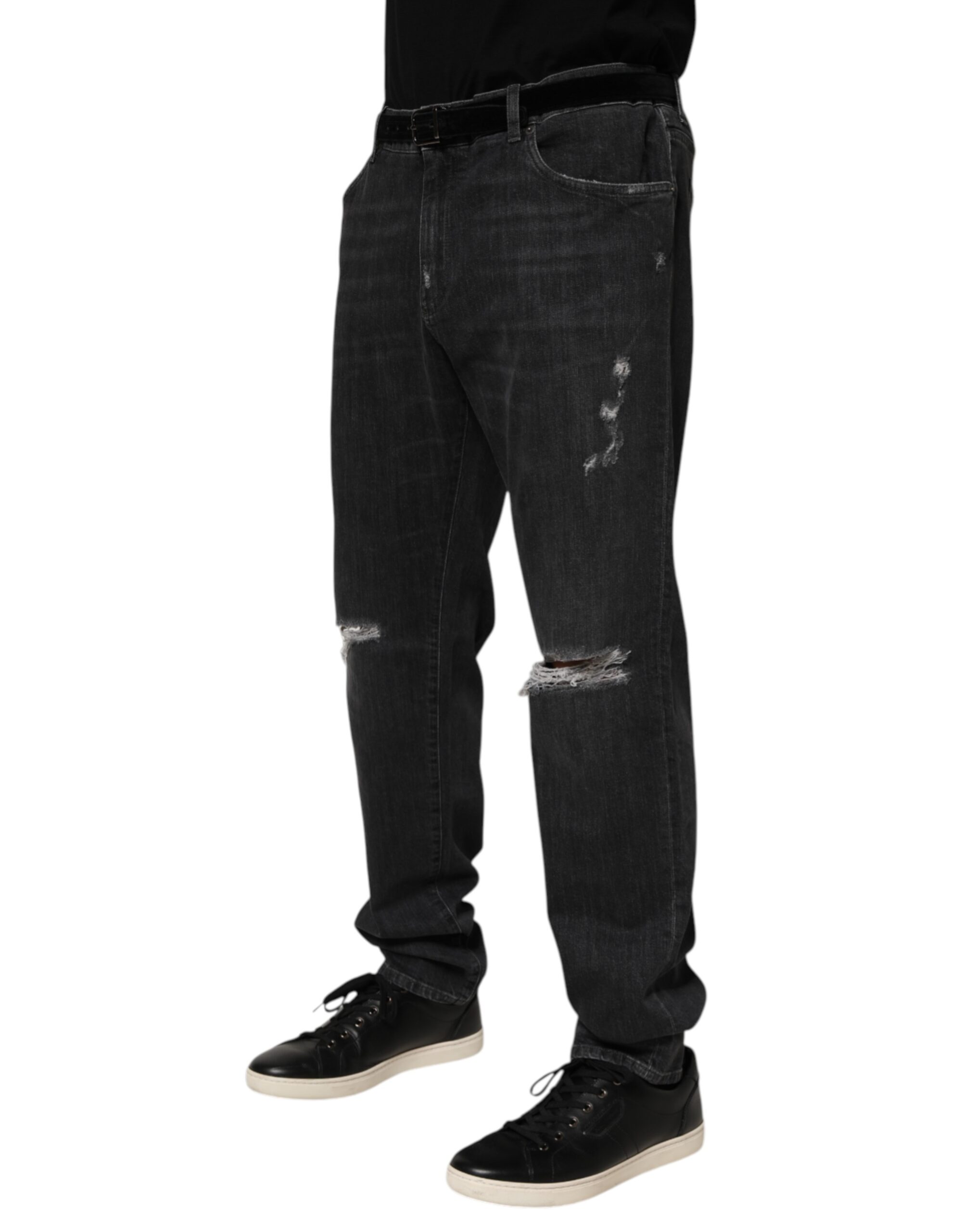 Черные хлопковые джинсы Slim Fit с потертостями и рваным логотипом Dolce & Gabbana, синий — фото 2