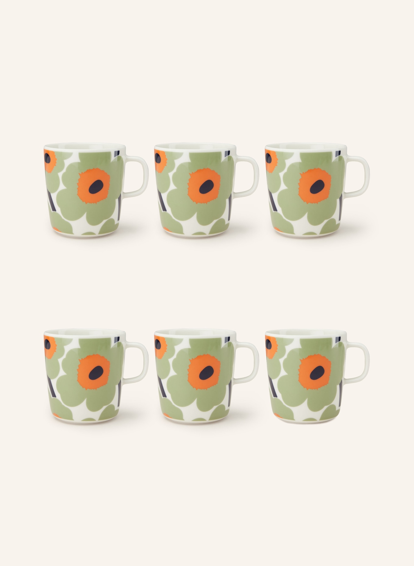 

6 шт - Кружка Marimekko OIVA/UNIKKO, 400 мл, цвет hellgrün/weiss/orange