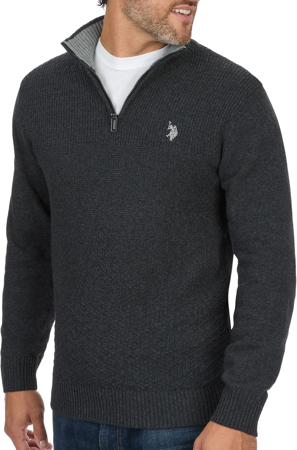 U.S. Polo Assn. мужской свитер с кабельной вязкой и молнией на четверть, Charcoal — фото 3