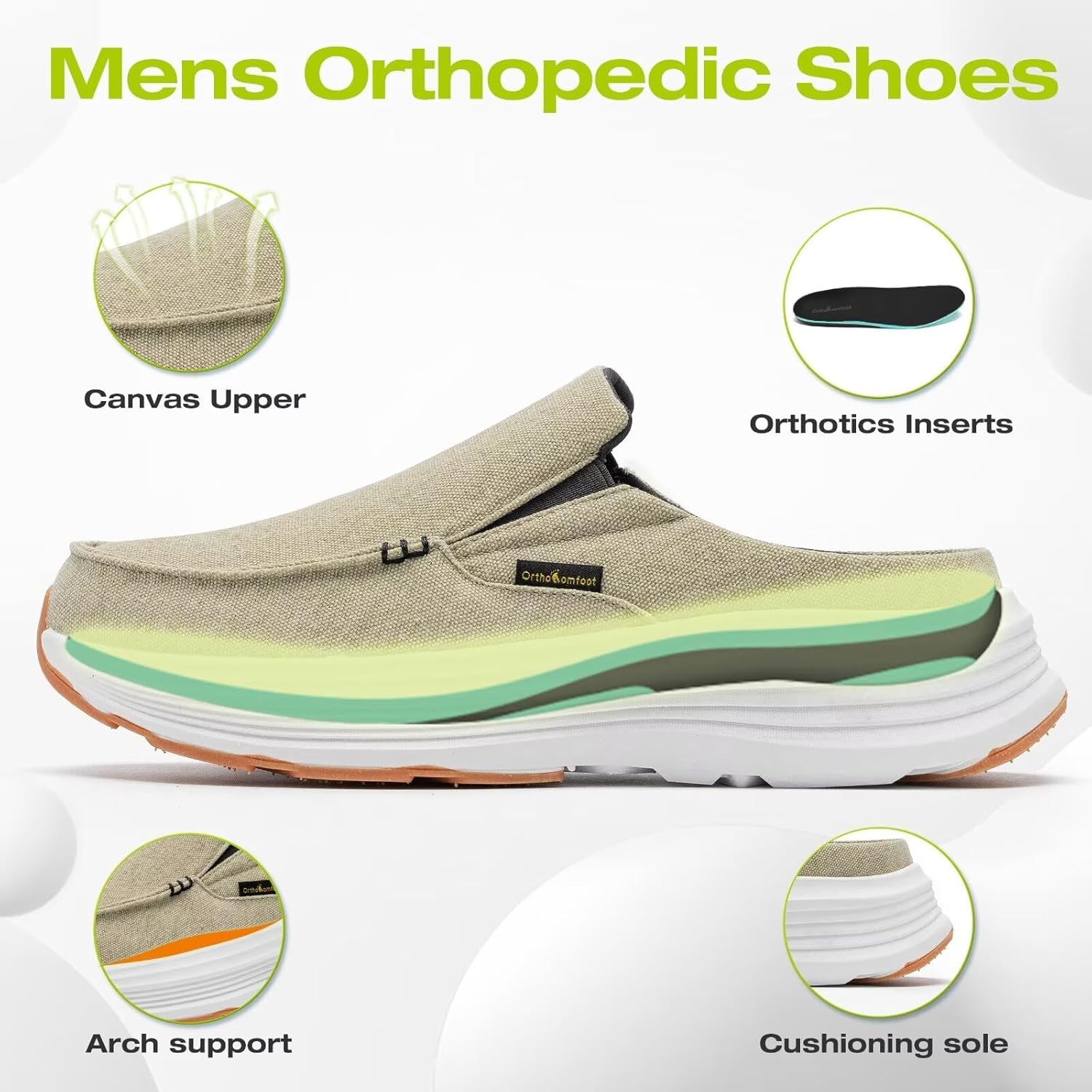 Мужские ортопедические слипоны OrthoComfoot: удобные повседневные туфли с поддержкой свода стопы для лечения плантарного фасциита, мягкие ортопедические обувь из ткани для облегчения боли в стопах и пятках, хаки — фото 3