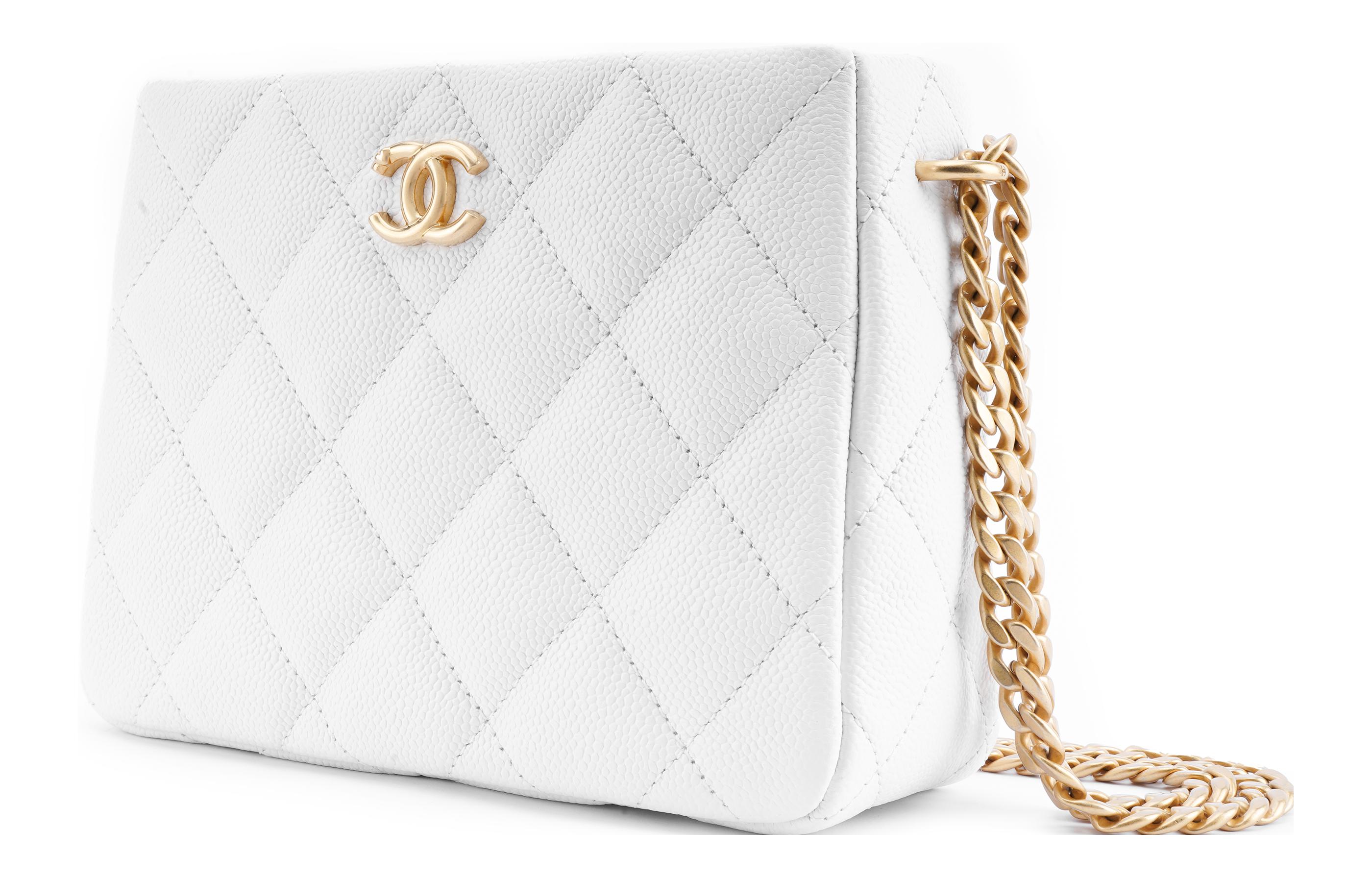 CHANEL Кожаная сумка-хобо с тиснением под зерно малая квадратная сумка через плечо кроссбоди унисекс белый — фото 3