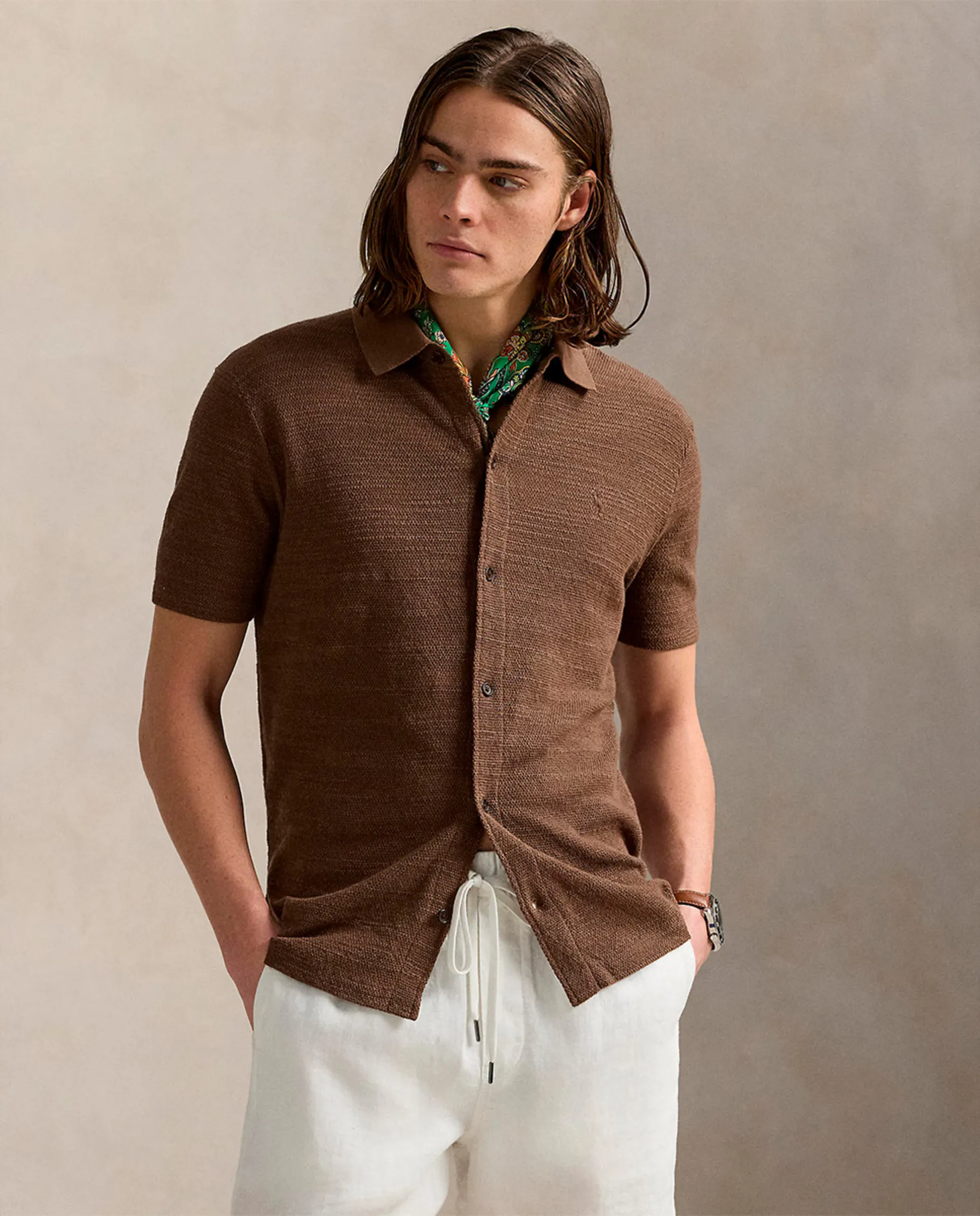

Мужской джемпер типа рубашки из хлопка и льна Polo Ralph Lauren, коричневый