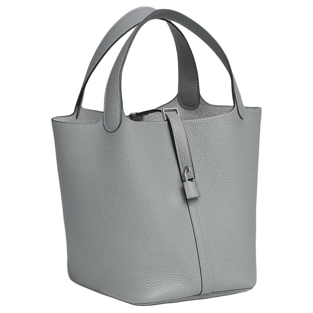 HERMES Пикотин Лок Маленький Бычок кожаная корзина сумка ведро женская кукольная серая — фото 2