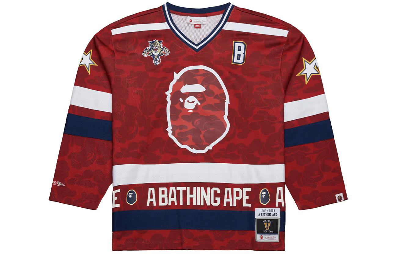 

Футболка Bape X Mitchell & Ness Nhl Florida Panthers Mesh Hockey с длинными рукавами A BATHING APE, красный
