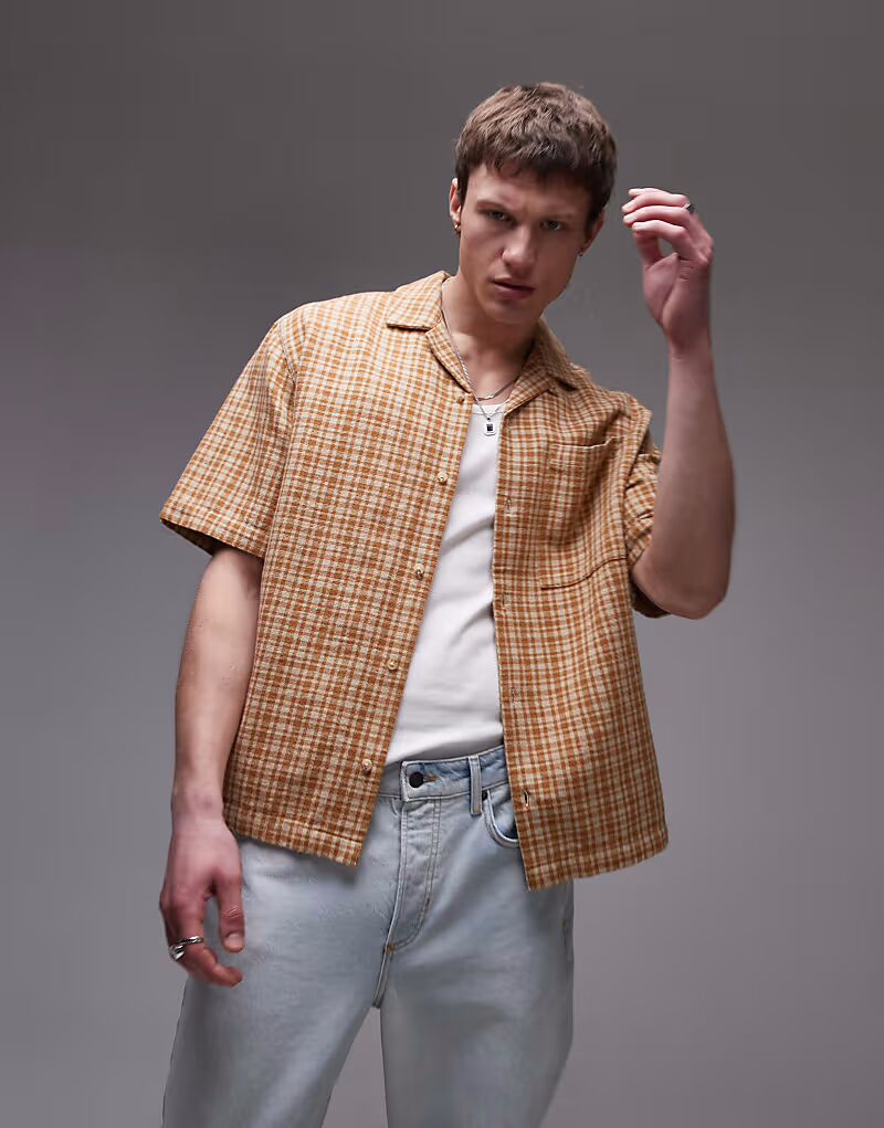 

Рубашка Topman свободного кроя с короткими рукавами в коричневую клетку