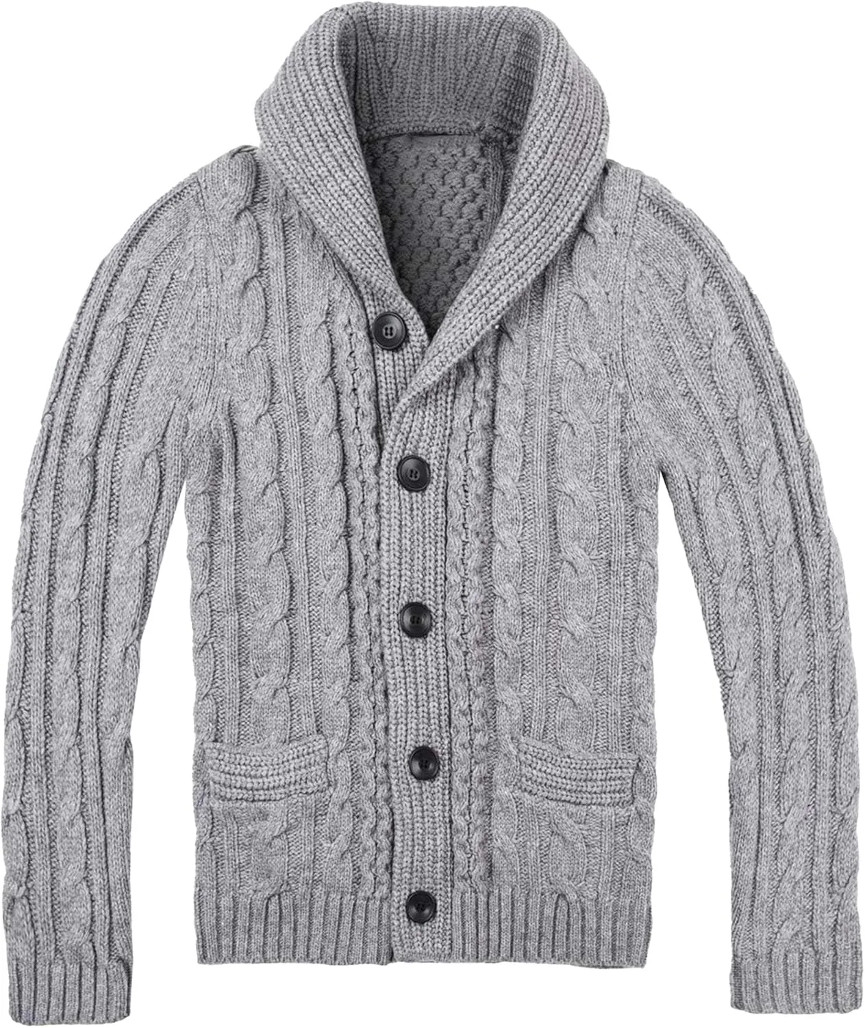 Мужской кардиган с шальным воротником, кнопки, кабельная вязка, slim fit, длинный рукав