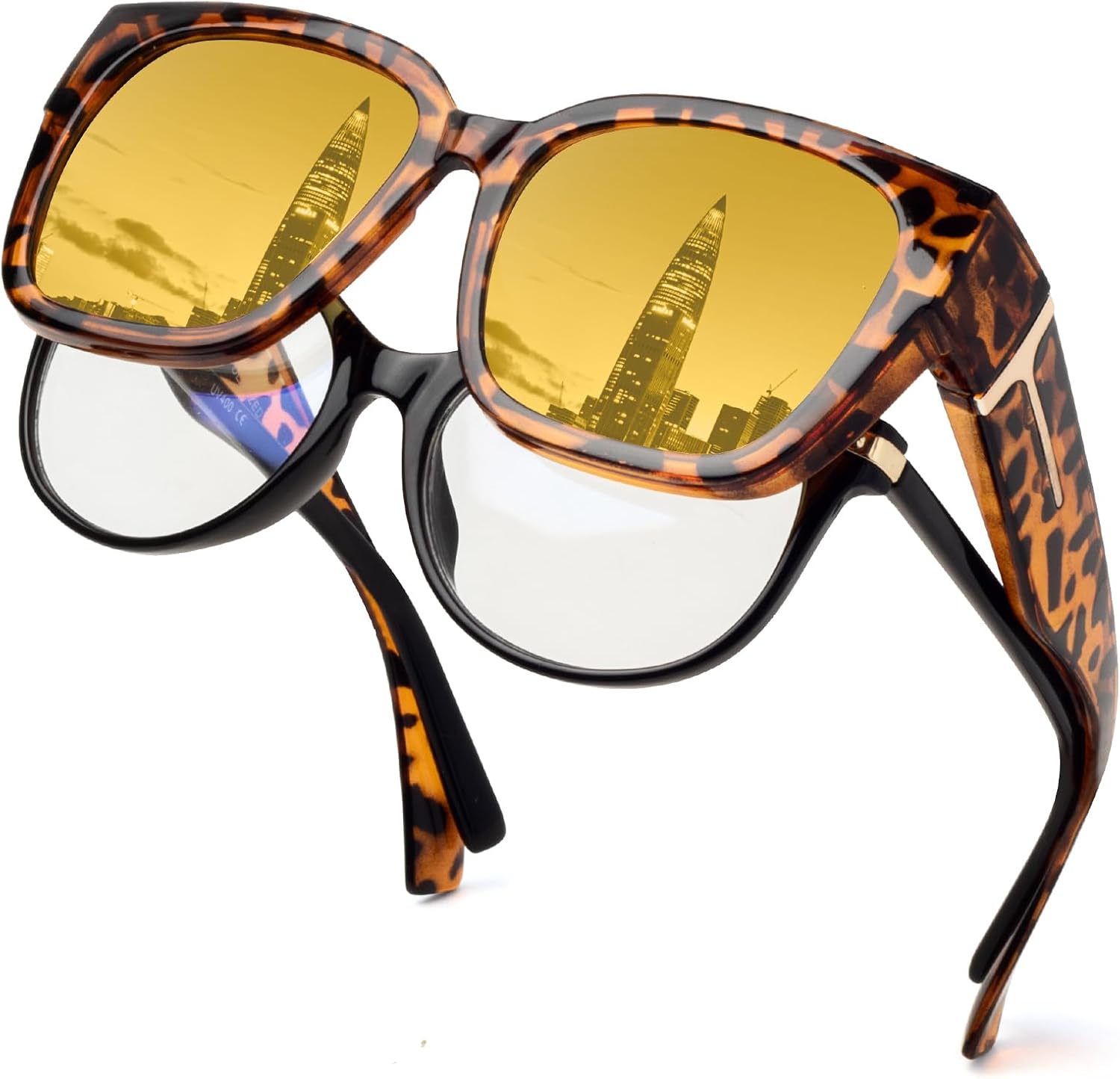 

Солнцезащитные очки с поляризованным покрытием, надеваемые поверх обычных очков, для женщин, квадратной формы, с защитой от УФ-излучения, легкие Face Shadow, Brown Leopard Frame/Night Vision Yellow Lens